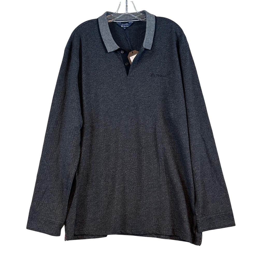 NWT Ben Sherman Mens XXL Long Sleeve Polo Shirt Black Herringbone Casual Preppy